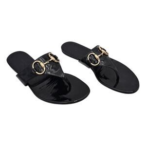 Gucci Horsebit Flat Thong Sandal Black Patent Leather Silver Size 7.5